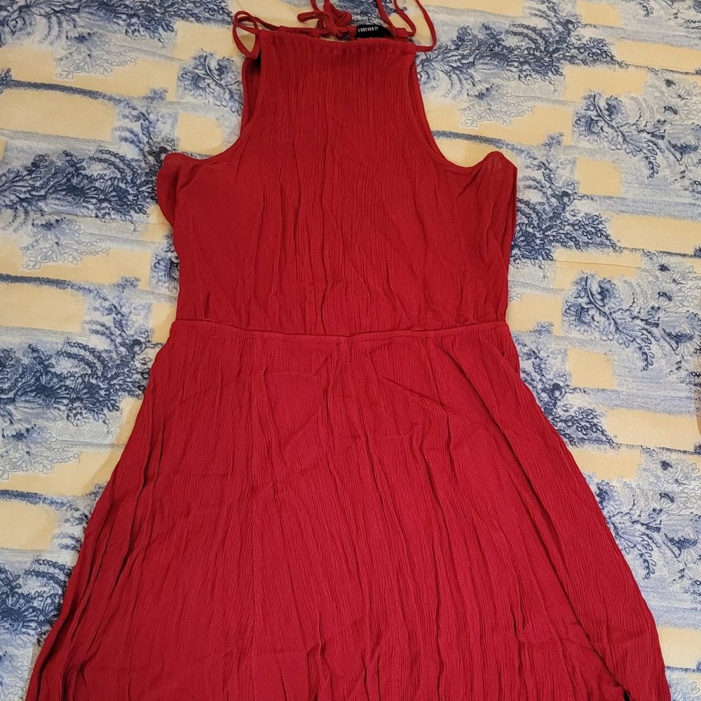 Red drawstring neck, crinkle mini dress, size XL, Forever 21